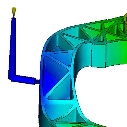 Moldflow filling analysis of a plastic pedal arm showing gate position and flow front