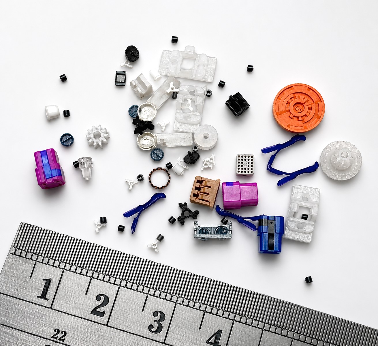 指先に付着したマイクロプラスチック部品は、0.005gの微小部品を収容できる能力を示している。